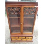 Late Victorian mahogany and burr walnut table top cabinet with two upper glazed doors with shelved