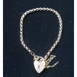 Hallmarked 9ct gold belcher chain bracelet with safety chain and heart padlock clasp stamped 375 4.