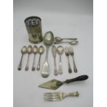 Collection of hallmarked sterling silver teaspoons, three hallmarked sterling silver forks, other