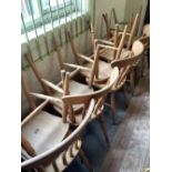 Pine country kitchen table with turned legs L183cm W92cm H78cm and eleven matching chairs