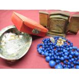 Two simulated lapis lazuli beaded necklaces, leather jewellery box and an early 20th C travelling