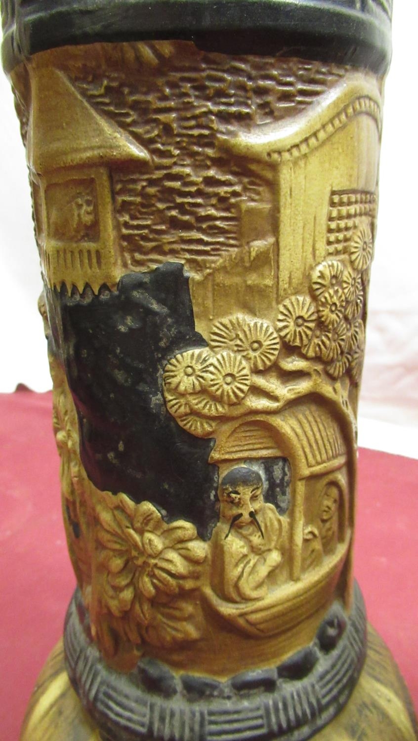 Pair of early C20th Bretby vases decorated with oriental garden scene and lizards, relief and - Image 3 of 4