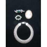 Italian Sterling silver chain link bracelet, silver and marcasite cameo brooch stamped 800, Sterling