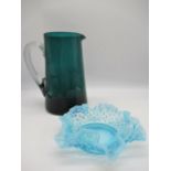 Turquoise coloured glass water jug with asymmetric clear glass handle H18.5cm and a baby blue tint