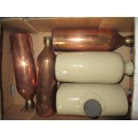 Three vintage I.C.I. copper chemical flasks with screw off brass tops H28cm, and two stoneware hot