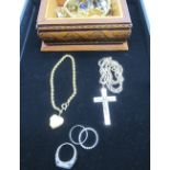 9ct gold plated heart shaped locket, Unmarked gold albert chain with crucifix, Silver ring with