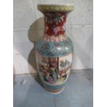 20th C Chinese Satsuma floor vase with polychrome decoration, panels decorated with domestic