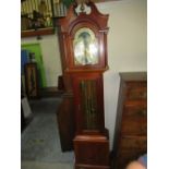 Modern yew and mahogany long cased clock with arched brass painted moon face Roman dial, swan neck