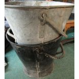 Two large galvanized fire type buckets with swing handles and another similar (3)