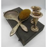 Hallmarked Sterling silver dressing table cased set of a hair brush and hand mirror (missing mirror)