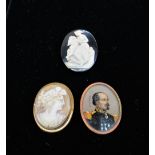 Cameo brooch mounted on Whitby Jet, a classic cameo brooch and another brooch with portrait