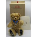 Steiff 50th Anniversary Coronation Bear in golden mohair with blue velvet foot pads embroidered with