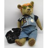 Chad Valley c. 1930's Biker teddy bear with glass eyes, jointed arms and legs and swivel head,