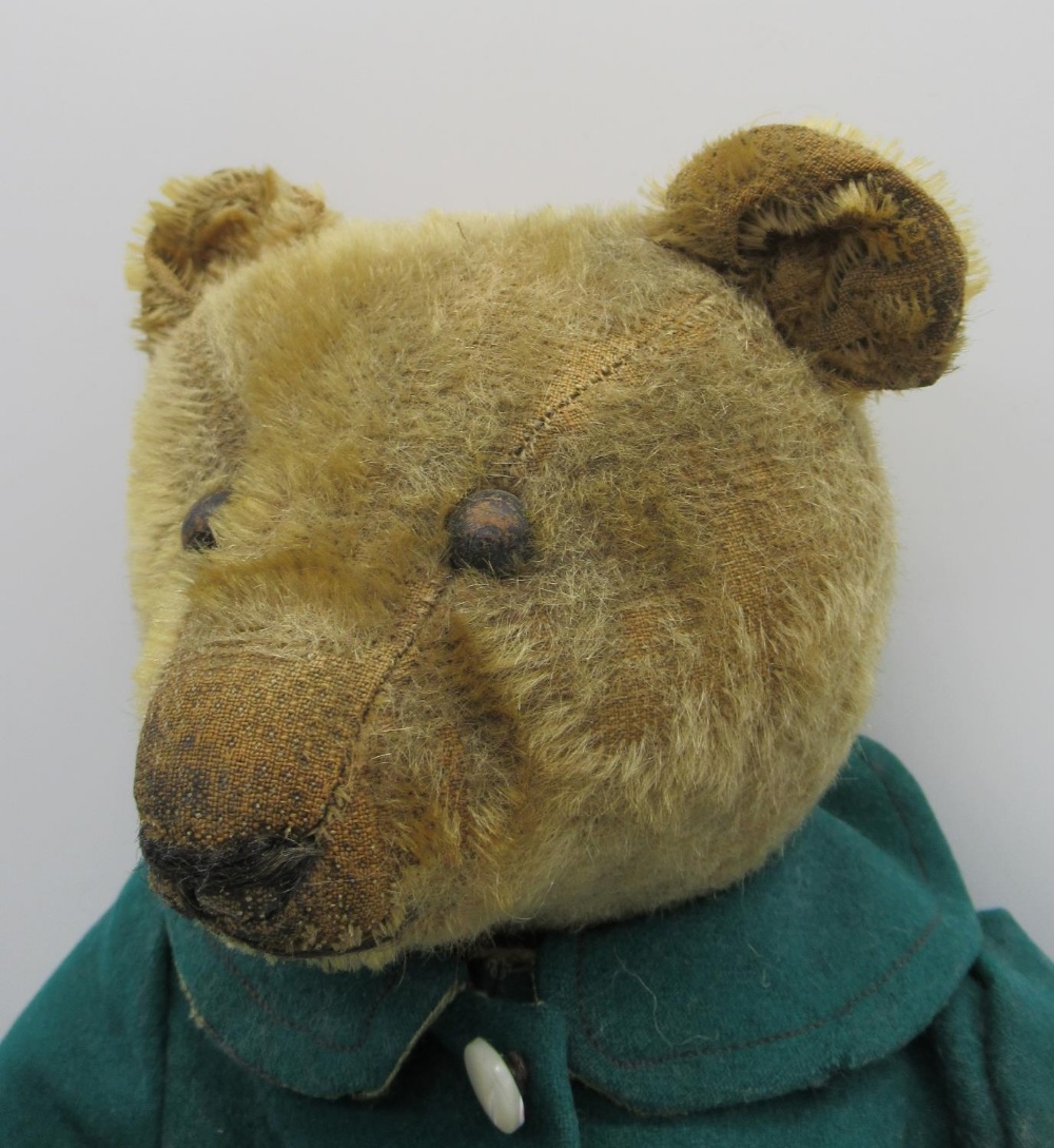 Early C20th English straw filled teddy bear in golden mohair with boot button eyes, jointed arms and - Image 4 of 4