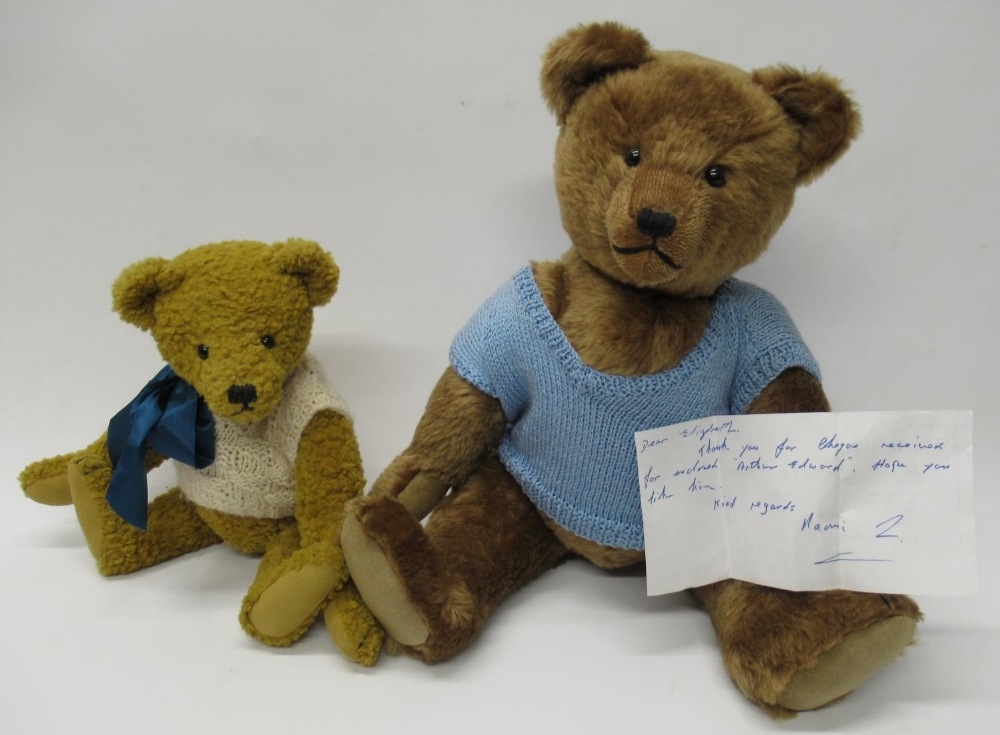 Two artists bear by Naomi Laight, "Arthur Edward," in brown mohair, wearing blue knitted vest,