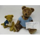 Two artists bear by Naomi Laight, "Arthur Edward," in brown mohair, wearing blue knitted vest,