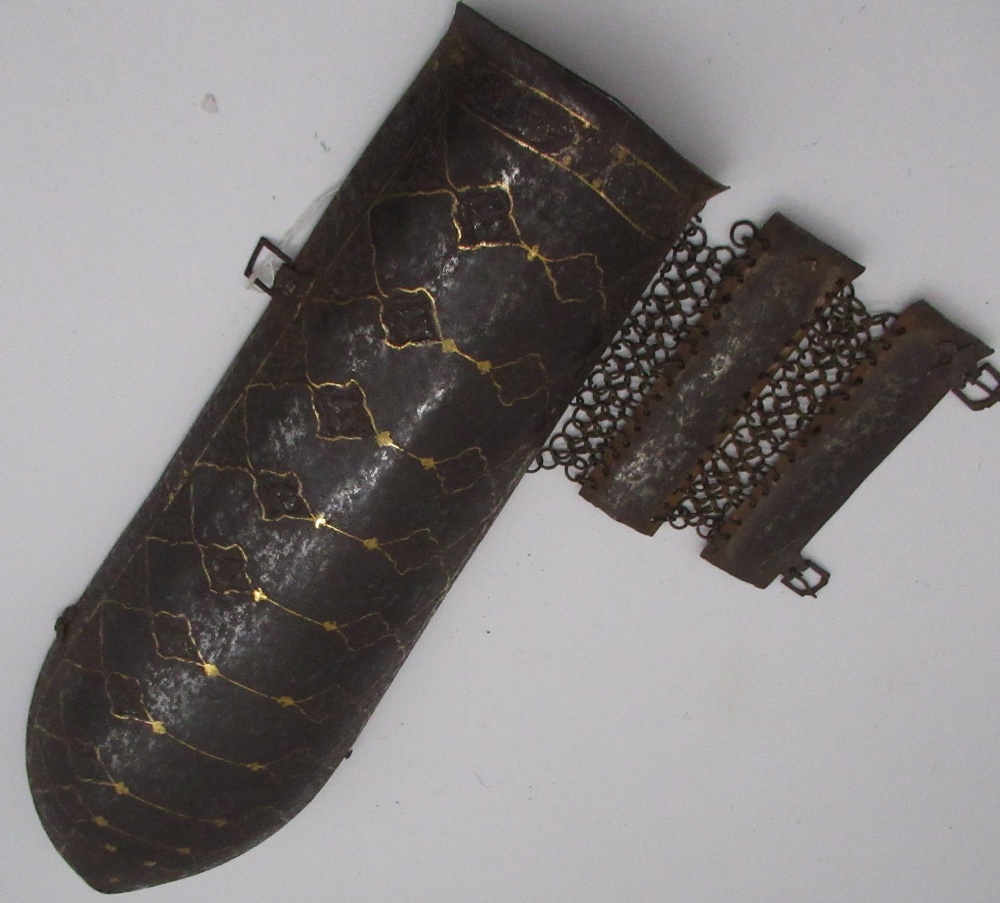 C19th Indian bazu upper arm guard with guilt inlaid detail with wrist fastener - Image 2 of 6
