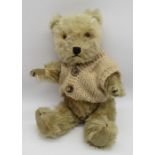 Chiltern Hugmee small teddy bear in blonde mohair, with working squeaker, glass eyes, jointed arms