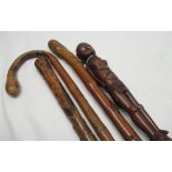 C20th Chinese bamboo walking stick carved with monkeys and figures with EPNS band, character mark