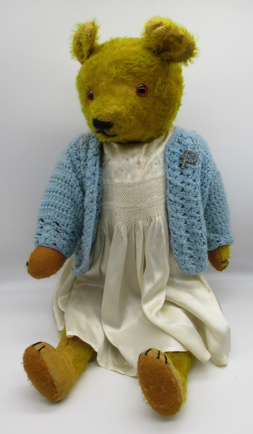 Early C20th American teddy bear in golden mohair with glass eyes jointed arms and legs, stitched - Image 3 of 3