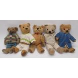 Collection of c. 1940/50's English teddy bears: Dean's Elvis bear with glass eyes, jointed arms