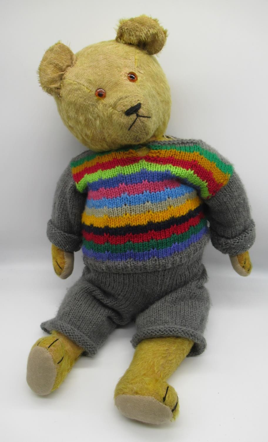 Early C20th American teddy bear in golden mohair with glass eyes jointed arms and legs, stitched - Image 2 of 3