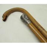 C20th olive wood walking stick with snake head handle, the shaft brass nail dated Benning 1922,