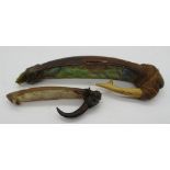 Two C19th Maori Abalone shell bone and wood fish hooks