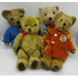 Collection of c. 1950s British teddy bears, including a Pedigree artificial silk bear in rust