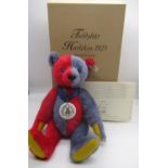 Steiff Replica 1925 Harlequin Teddy Bear in blue and red mohair plush with working squeaker and