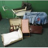 Collection of teddy bear accessories including a cot, deck chair, bed and dolls pram and old