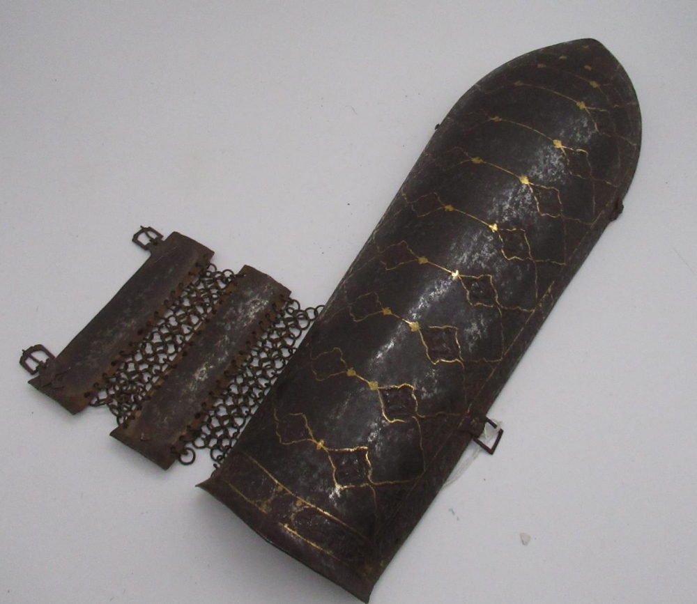 C19th Indian bazu upper arm guard with guilt inlaid detail with wrist fastener