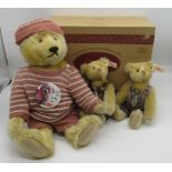 Steiff Twin Teddy Bears in blonde mohair with dungarees and jeweled ties, limited edition of 5000,