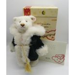 Steiff Christmas Teddy Bear in white alpaca with embroidered green velvet coat, fitted with