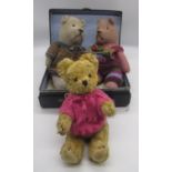 Pair of c. 1940/1950's small French bristle mohair teddy bears in pink and blue, with glass eyes and