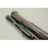 C20th naturalistic stained oak heavy walking stick with metal ferrule, and a naturalistic blackthorn