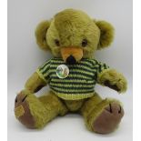 Merrythought c. 1960s "Cheeky Bear" teddy bear in yellow green mohair, with original orange glass