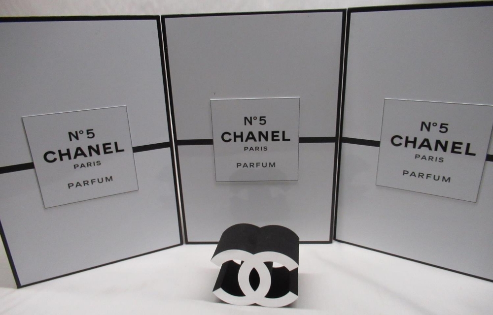 Chanel - three No.5 Parfum white window display boxes H32cm W22cm D13cm and small Chanel logo H7.5cm