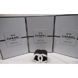 Chanel - three No.5 Parfum white window display boxes H32cm W22cm D13cm and small Chanel logo H7.5cm