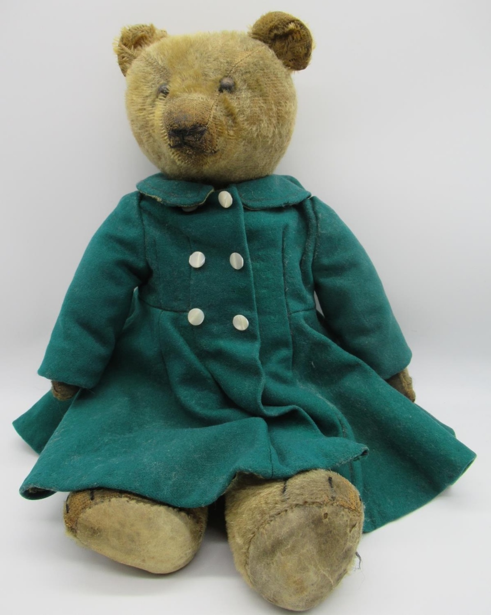 Early C20th English straw filled teddy bear in golden mohair with boot button eyes, jointed arms and - Image 3 of 4