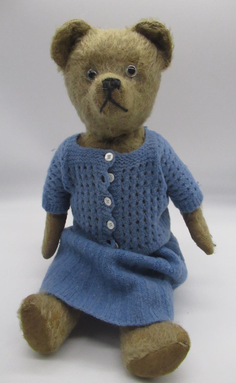 Circa 1930's possibly French teddy bear, in blonde mohair, with pale glass eyes, jointed arms and - Image 3 of 3