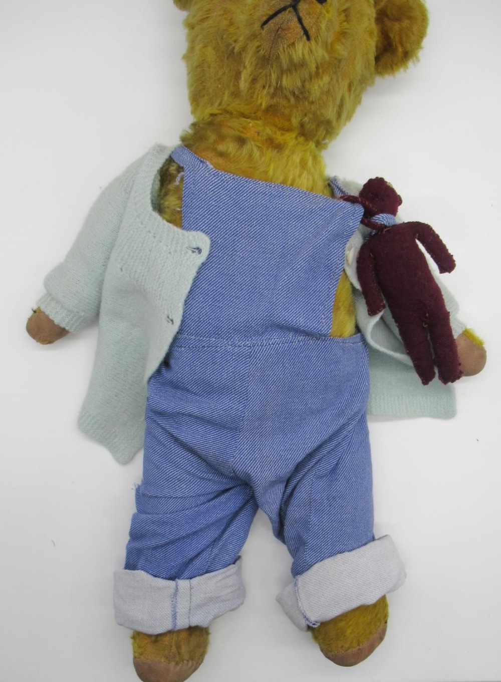 Early C20th English straw filled teddy bear in golden mohair with boot button eyes, jointed arms and - Image 2 of 4