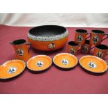 Carlton Ware orange black and white bowl with black and white decoration of children playing, five