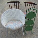 Lloyd Loom woven fibre tub chair on outsplayed metal supports, vintage painted three tier folding
