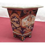 C20th Chinese Imari pattern planter and stand, hexagonal tapering form H24cm W26.5cm