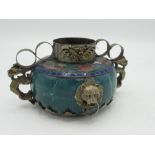 Small Chinese cloisonné bowl with brass lions head masks, dragon shaped handles, four digit