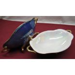 Pair of Carlton Ware blue lustre twin handled bowls on gilt feet with stylised mother of pearl style