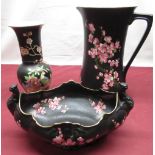 Large black Carlton Ware jug decorated with apple blossom H32cm, similar vase with apple blossom and