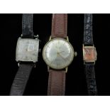 1940s Avia hand wound wristwatch, square cushion rolled gold case on leather strap snap on stainless