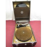 1930's Antoria wind up portable gramophone player in brown leatherette case. REG no 4901089